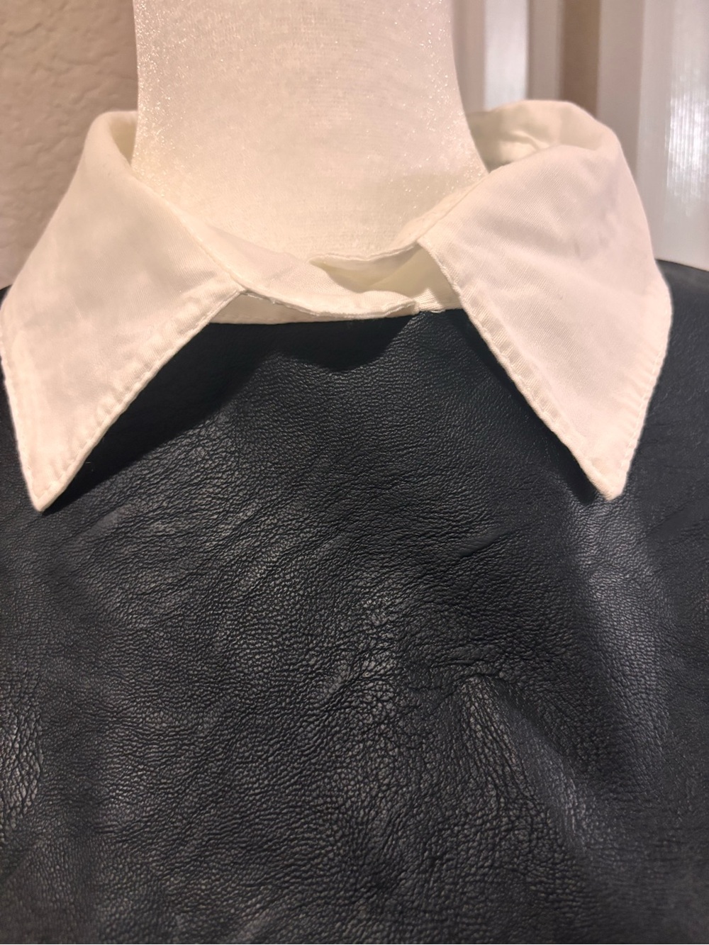 Women's Black faux leather Overlay & White Button-Down Shirt - Picture 3 of 12